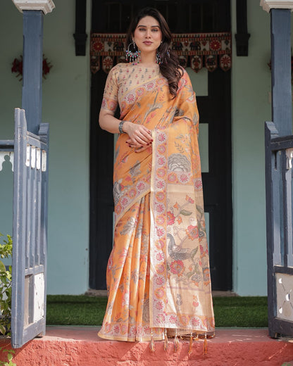 Marigold Handloom Floral Bird Print Saree with Tassel Pallu for Women