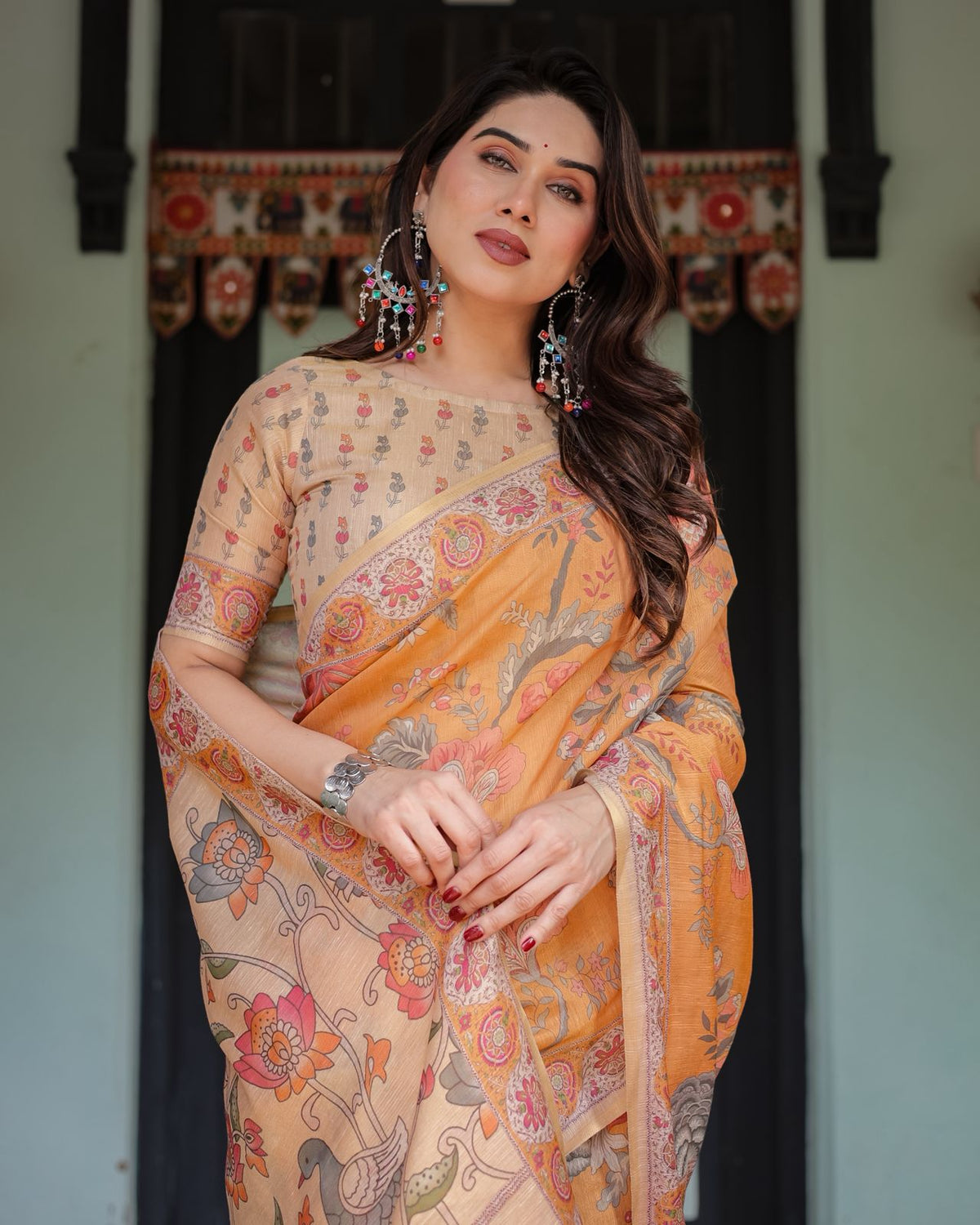 Marigold Handloom Floral Bird Print Saree with Tassel Pallu for Women