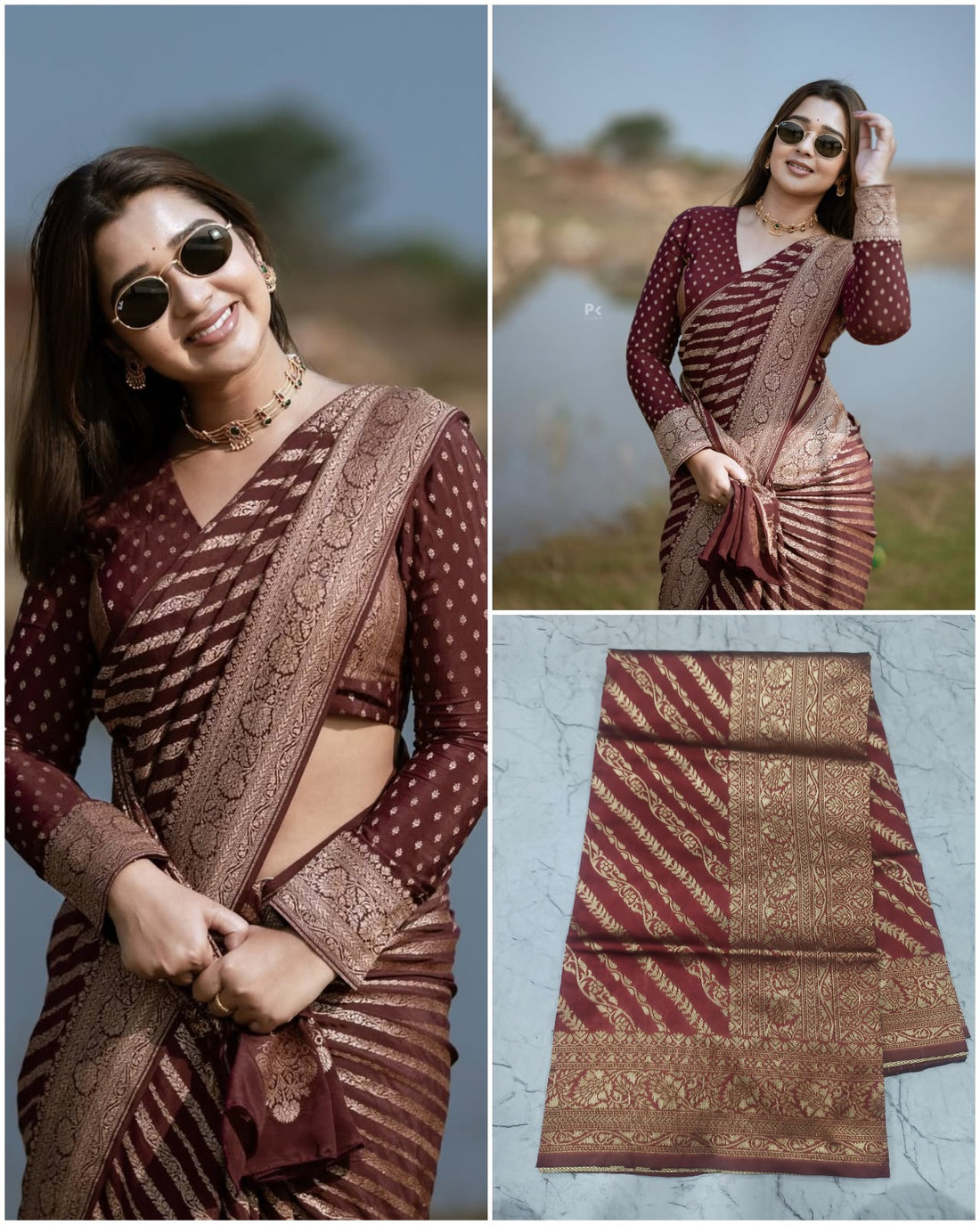 Maroon Banarasi Lichi Silk Saree with Zari Border for Women