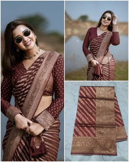 Maroon Banarasi Lichi Silk Saree with Zari Border for Women