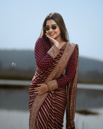 Maroon Banarasi Lichi Silk Saree with Zari Border for Women