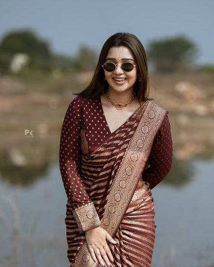 Maroon Banarasi Lichi Silk Saree with Zari Border for Women