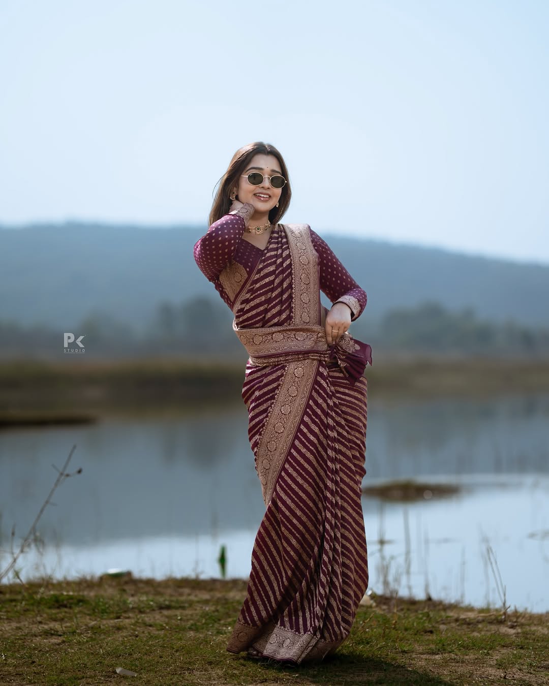 Maroon Banarasi Lichi Silk Saree with Zari Border for Women