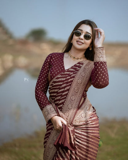 Maroon Banarasi Lichi Silk Saree with Zari Border for Women