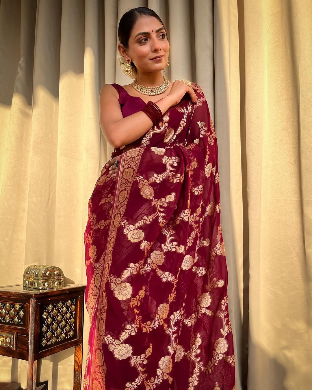 Maroon Banarasi Lichi Silk Saree With Zari Work for Women