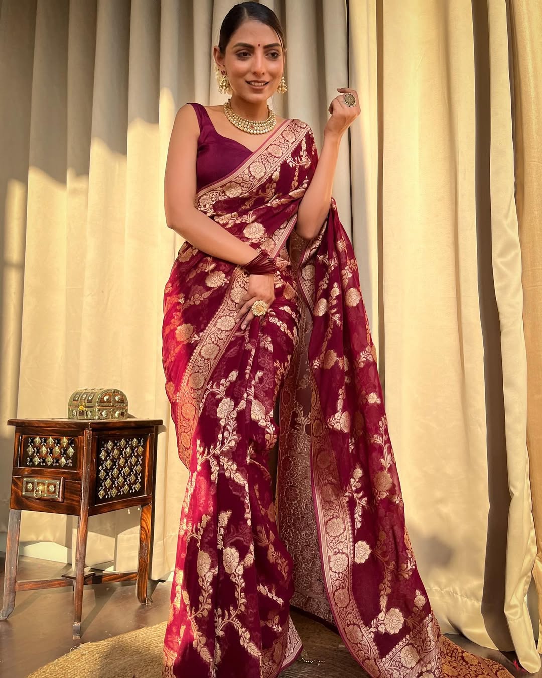 Maroon Banarasi Lichi Silk Saree With Zari Work for Women