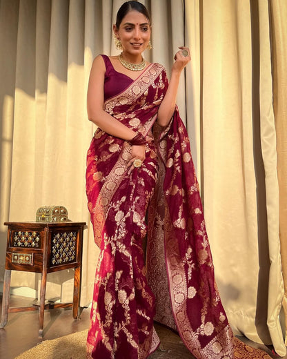 Maroon Banarasi Lichi Silk Saree With Zari Work for Women