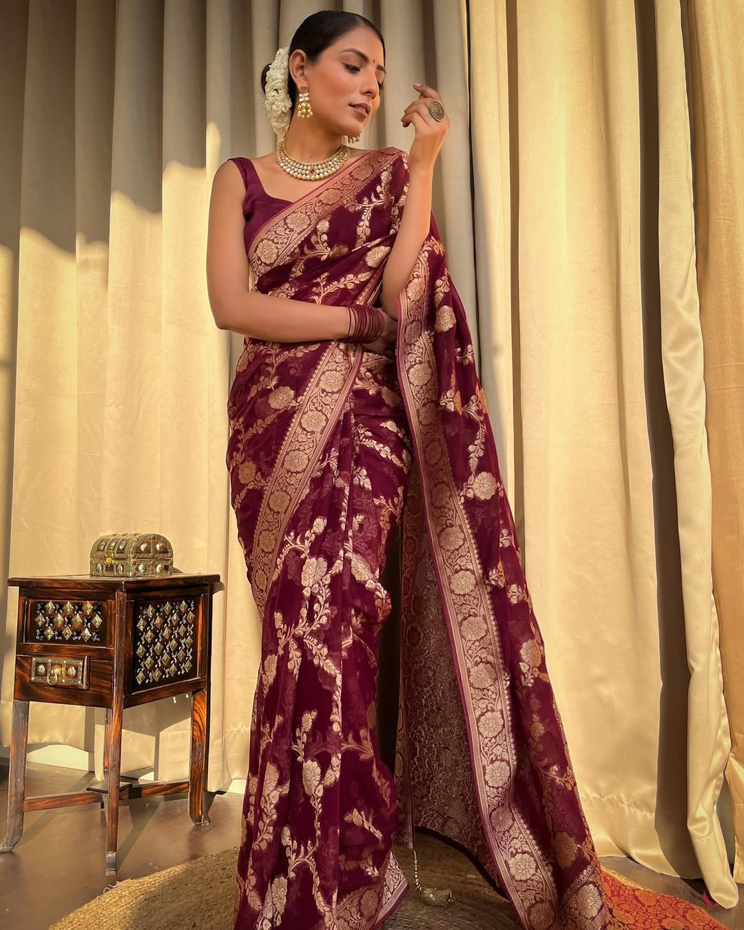 Maroon Banarasi Lichi Silk Saree With Zari Work for Women