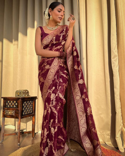 Maroon Banarasi Lichi Silk Saree With Zari Work for Women