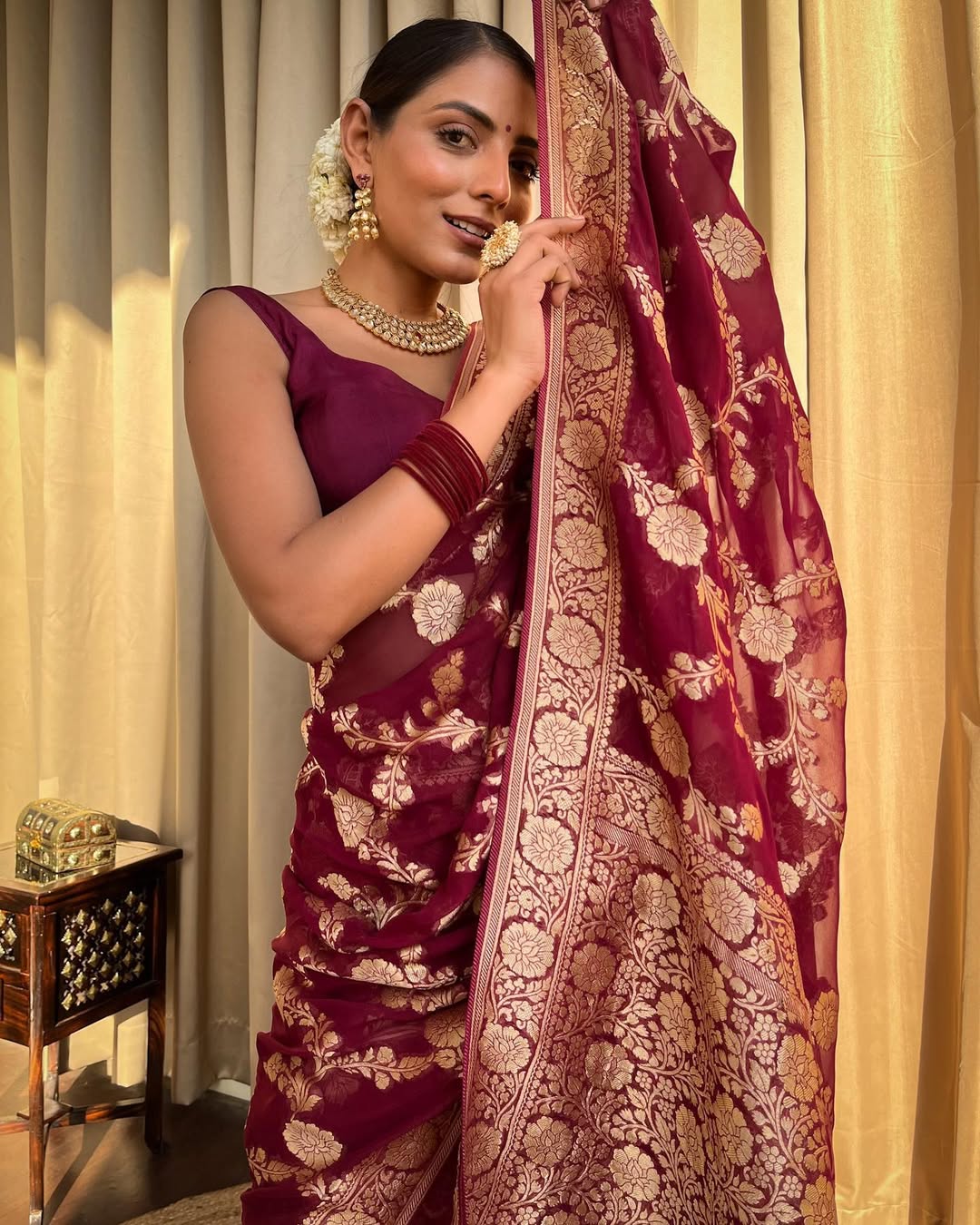 Maroon Banarasi Lichi Silk Saree With Zari Work for Women