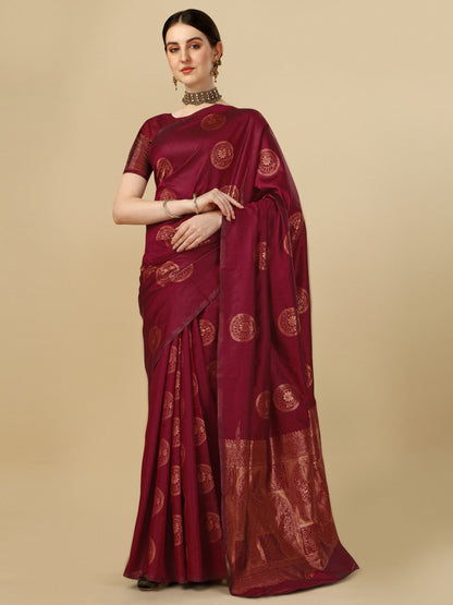 Maroon Banarasi Soft Silk Saree with Classic Zari Motifs for Women