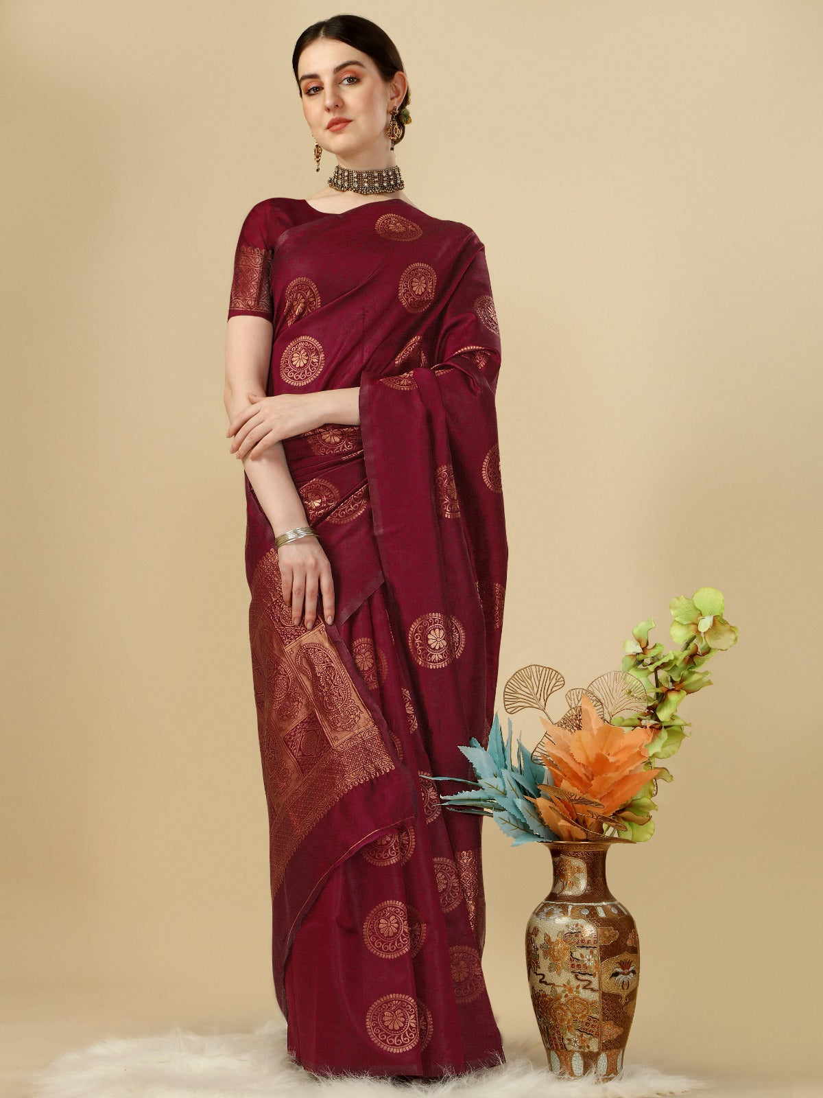 Maroon Banarasi Soft Silk Saree with Classic Zari Motifs for Women