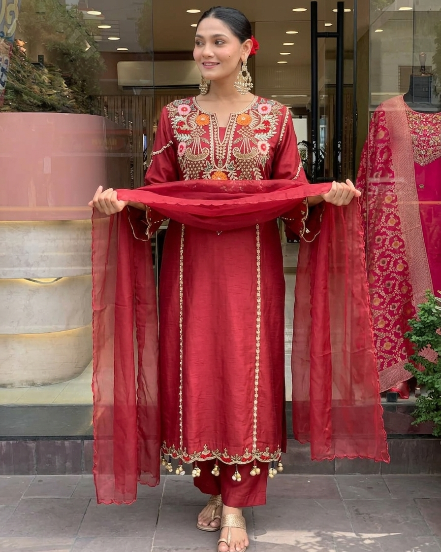 Maroon Chanderi Embroidered Kurta Set with Dupatta for Women