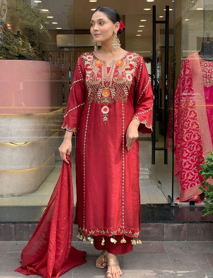 Maroon Chanderi Embroidered Kurta Set with Dupatta for Women