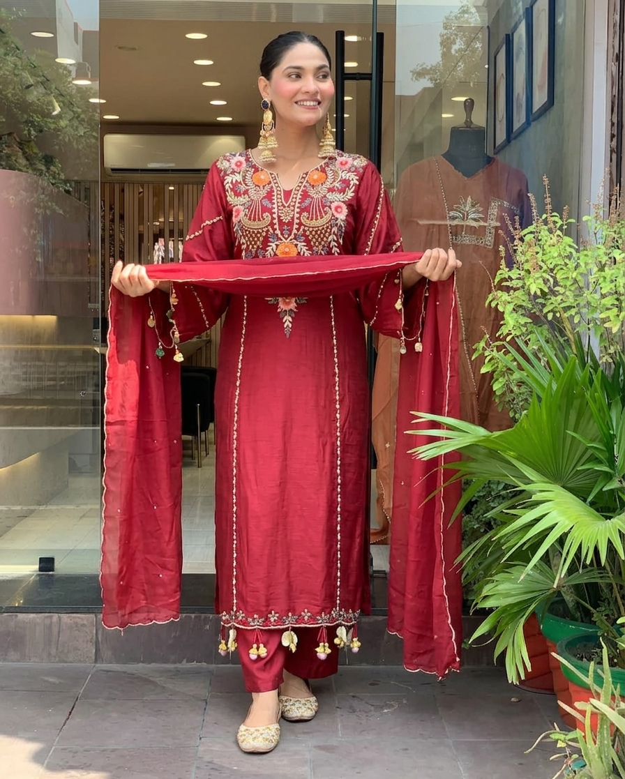 Maroon Chanderi Embroidered Kurta Set with Dupatta for Women