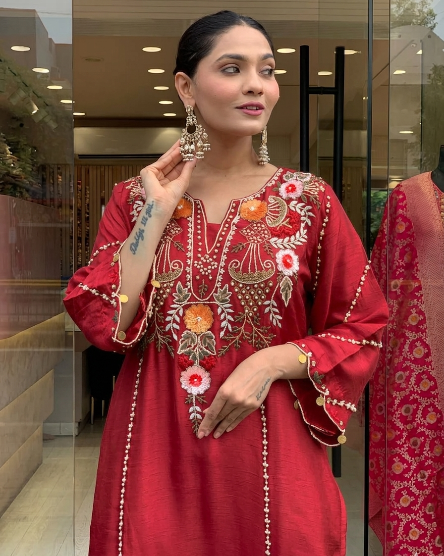 Maroon Chanderi Embroidered Kurta Set with Dupatta for Women