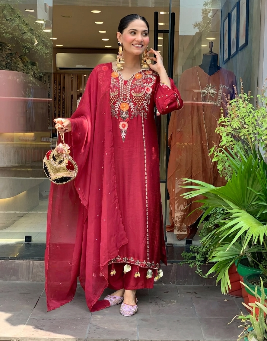 Maroon Chanderi Embroidered Kurta Set with Dupatta for Women