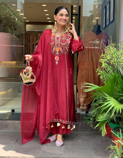 Maroon Chanderi Embroidered Kurta Set with Dupatta for Women