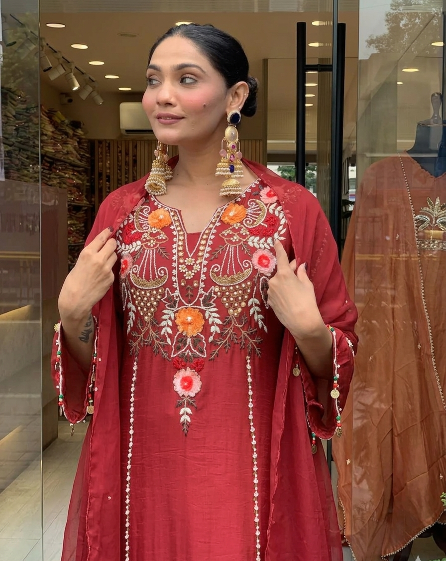 Maroon Chanderi Embroidered Kurta Set with Dupatta for Women