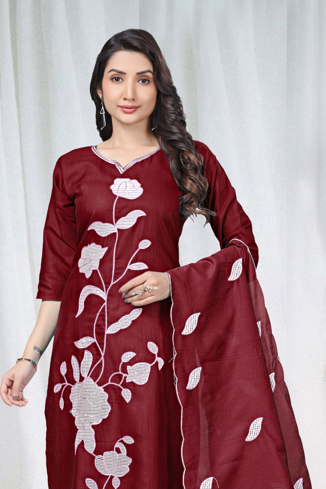 Maroon Embroidered Cotton Kurta Pant Set for Women