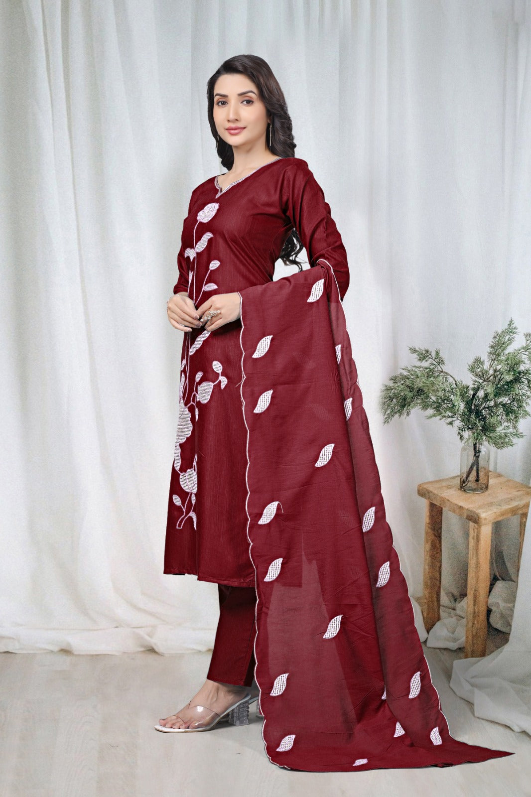 Maroon Embroidered Cotton Kurta Pant Set for Women