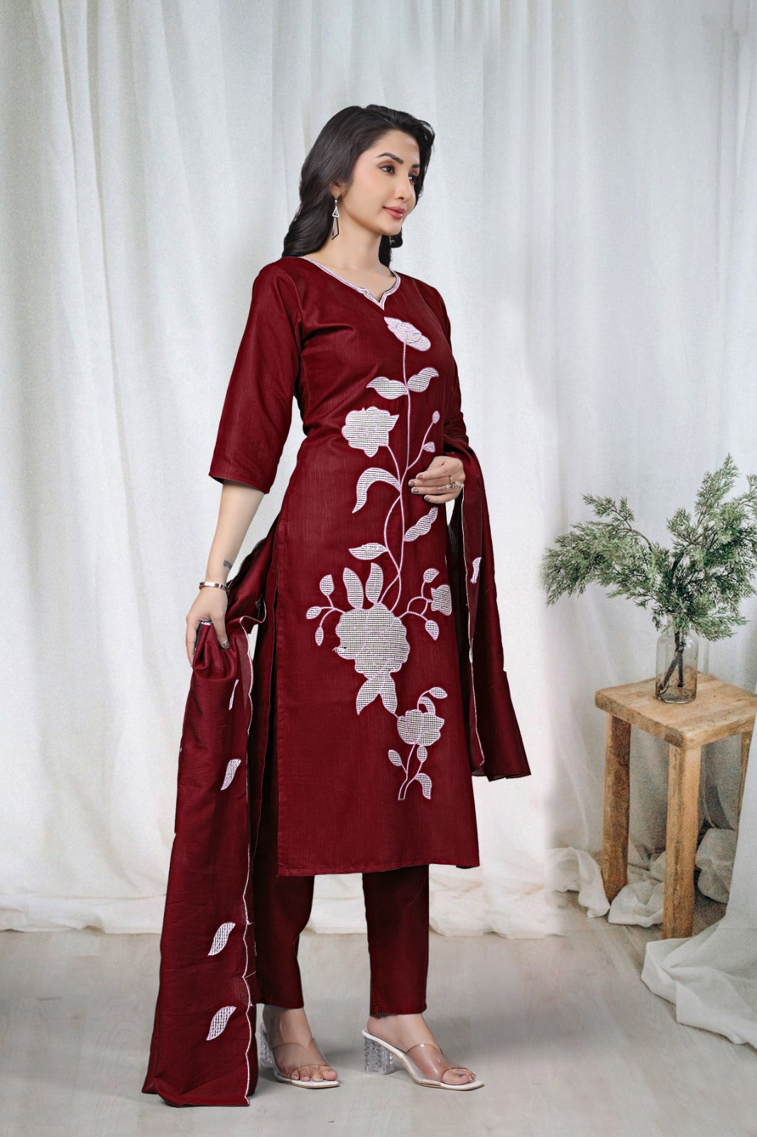 Maroon Embroidered Cotton Kurta Pant Set for Women