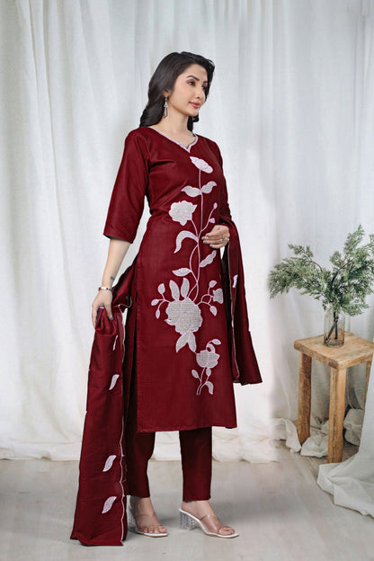 Maroon Embroidered Cotton Kurta Pant Set for Women