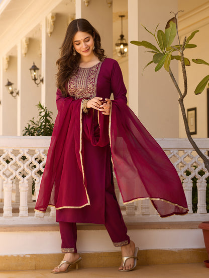Maroon Embroidered Rayon Kurta Set with Chinon Dupatta for Women