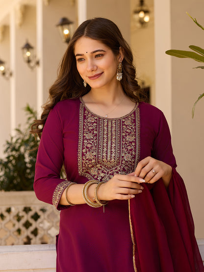 Maroon Embroidered Rayon Kurta Set with Chinon Dupatta for Women