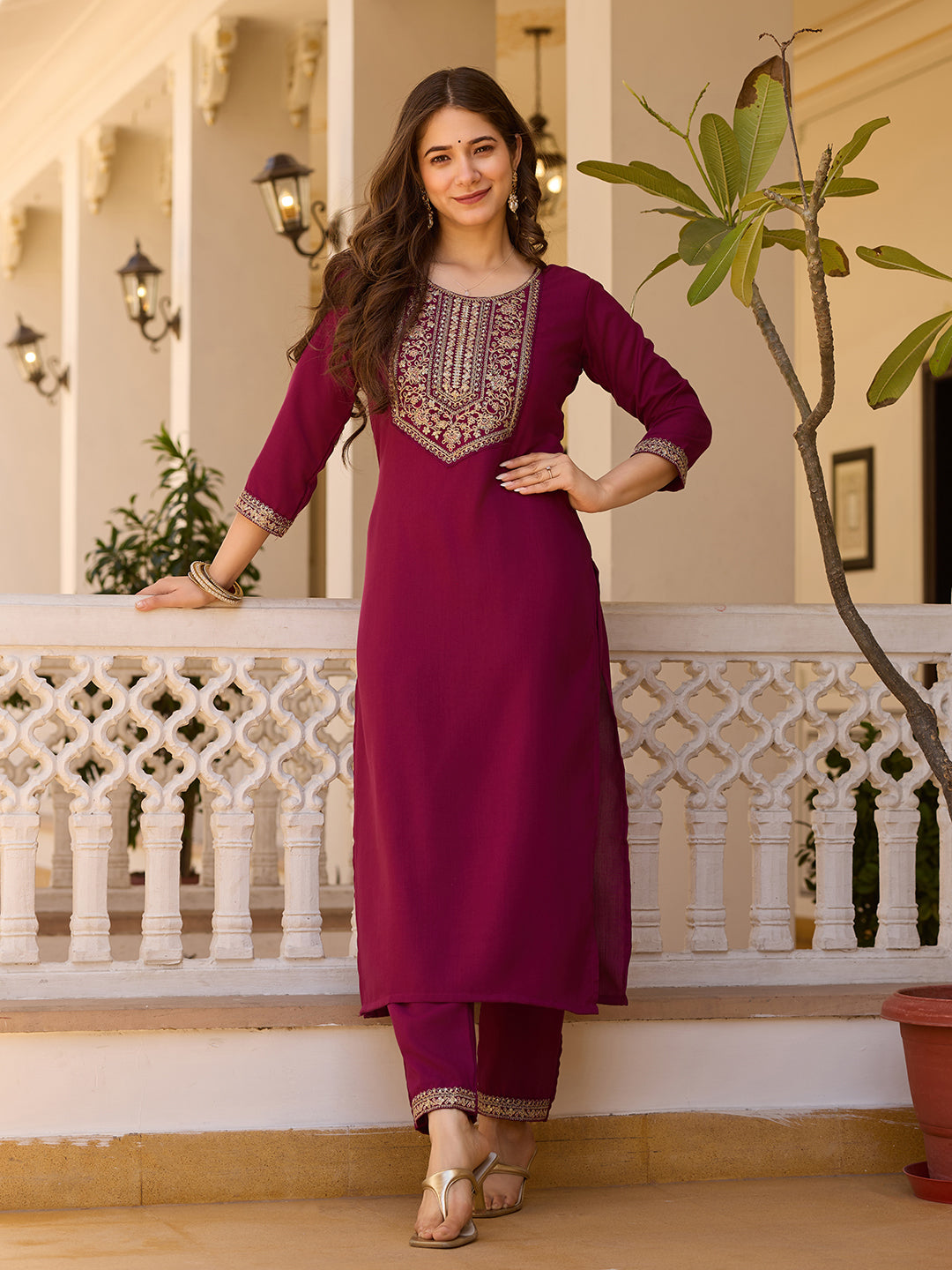 Maroon Embroidered Rayon Kurta Set with Chinon Dupatta for Women
