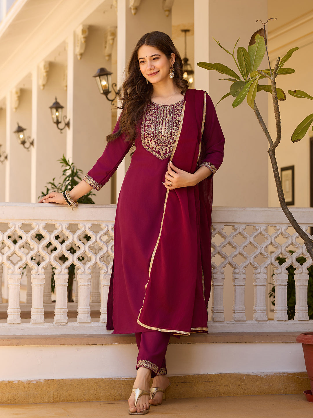Maroon Embroidered Rayon Kurta Set with Chinon Dupatta for Women