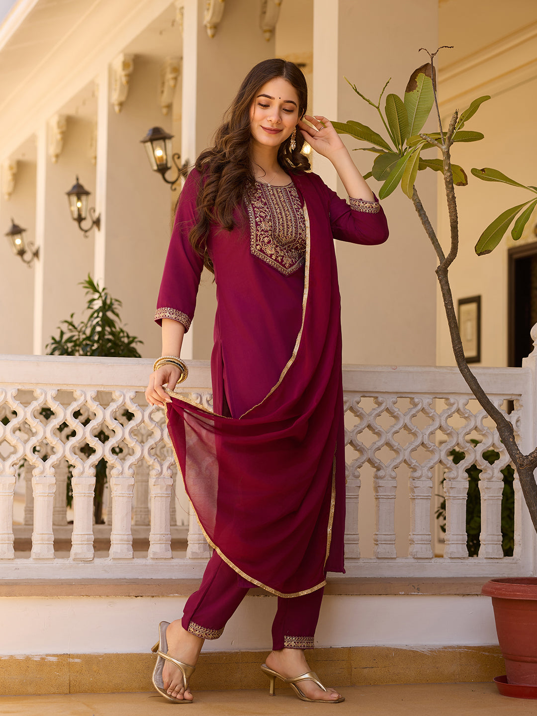Maroon Embroidered Rayon Kurta Set with Chinon Dupatta for Women