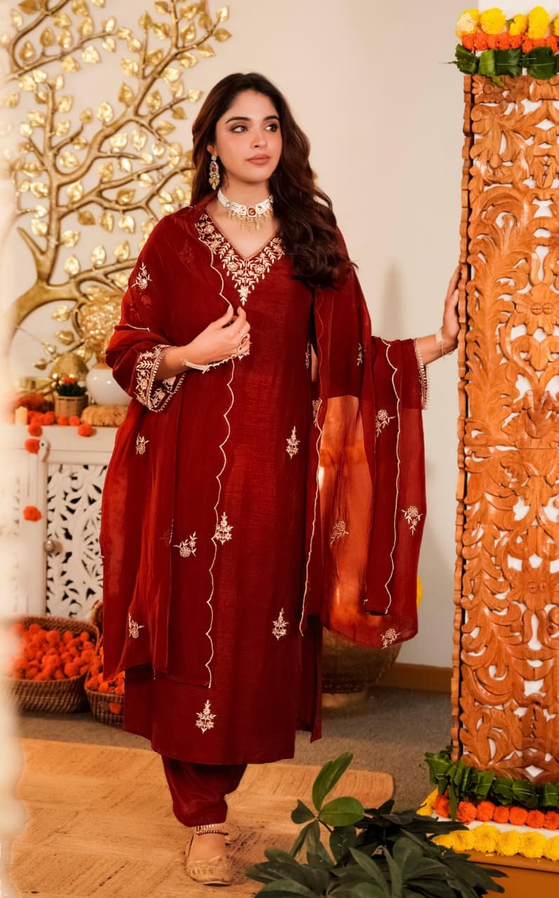 Maroon Embroidered Vichitra Silk Kurta Pant Set