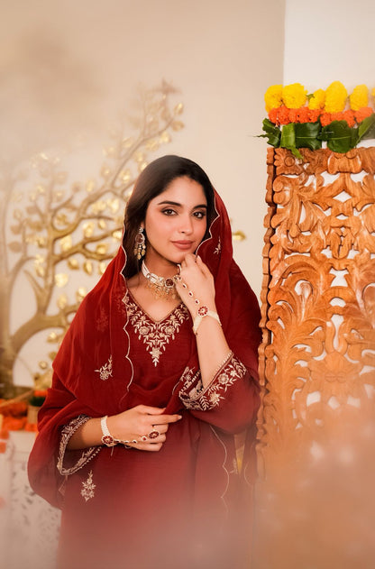 Maroon Embroidered Vichitra Silk Kurta Pant Set for Women