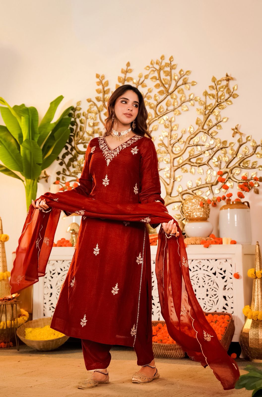 Maroon Embroidered Vichitra Silk Kurta Pant Set for Women