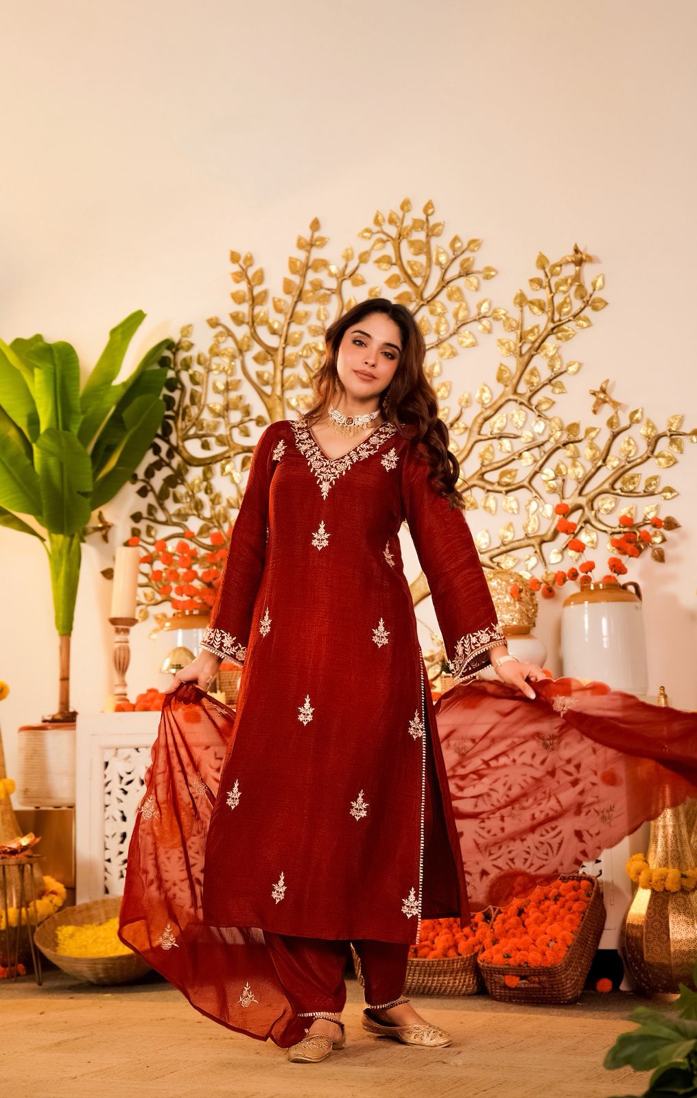 Maroon Embroidered Vichitra Silk Kurta Pant Set for Women