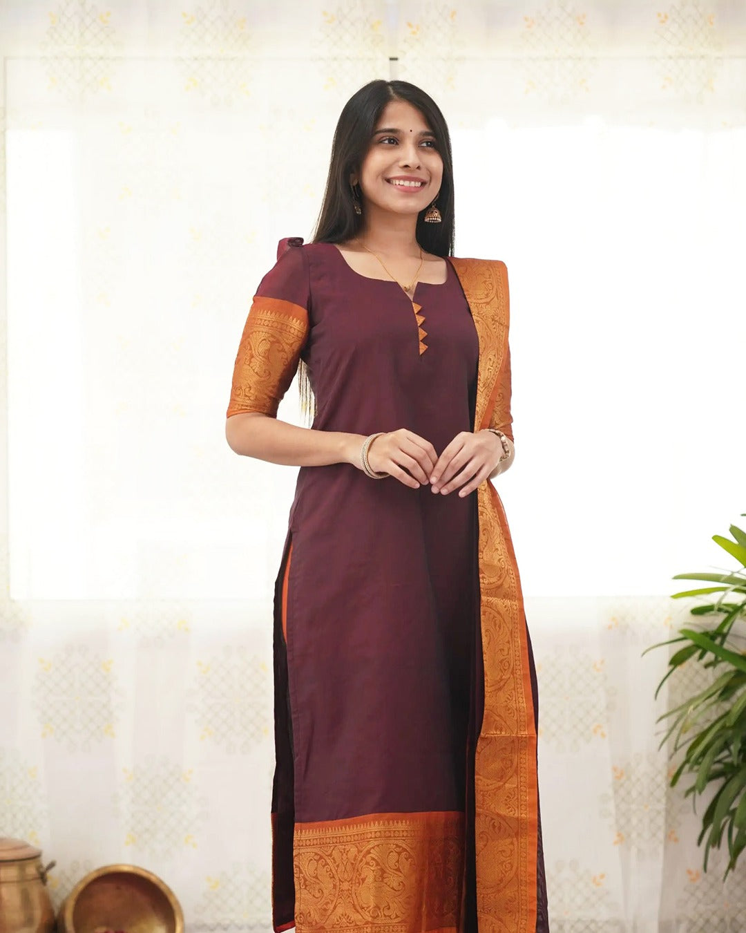 Maroon Heritage Weave Kurti Dupatta Set for Women