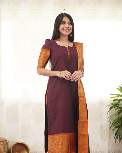Maroon Heritage Weave Kurti Dupatta Set for Women