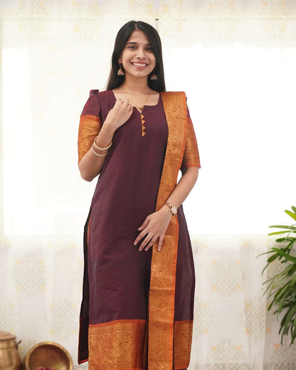 Maroon Heritage Weave Kurti Dupatta Set for Women