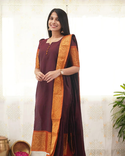 Maroon Heritage Weave Kurti Dupatta Set for Women