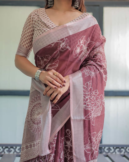 Maroon Floral Linen Saree with Elegant Printed Design for Women