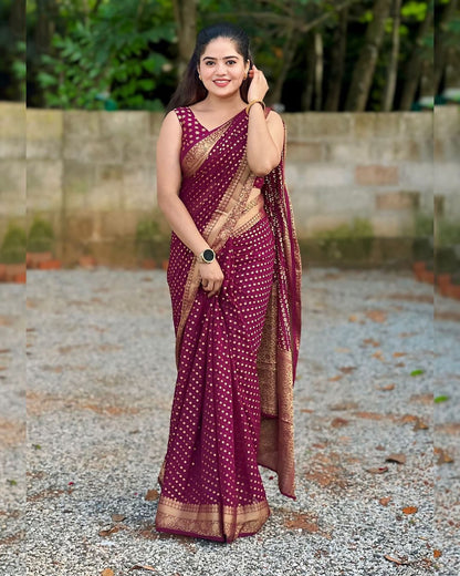 Maroon Lichi Silk Jacquard Saree with Rich Pallu for Women