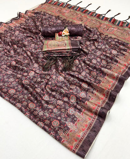 Maroon Floral Pashmina Saree With Shawl &amp; Blouse for Women