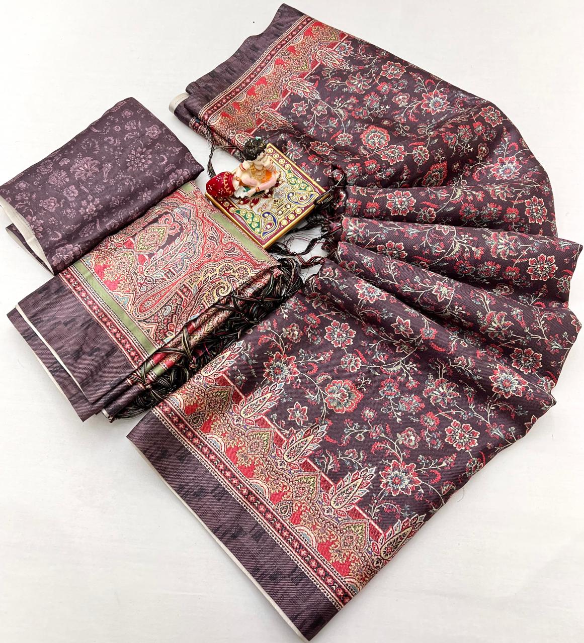 Maroon Floral Pashmina Saree With Shawl &amp; Blouse for Women