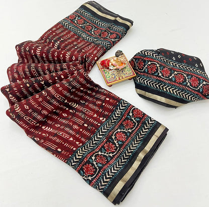 Maroon Digital Print Viscose Uppada Silk Saree for Women