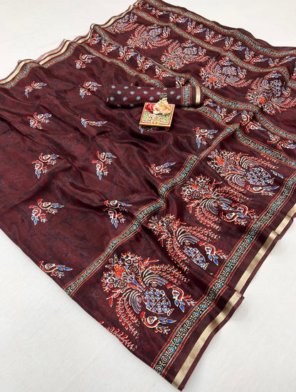 Maroon Digital Print Uppada Silk Saree With Woven Blouse for Women