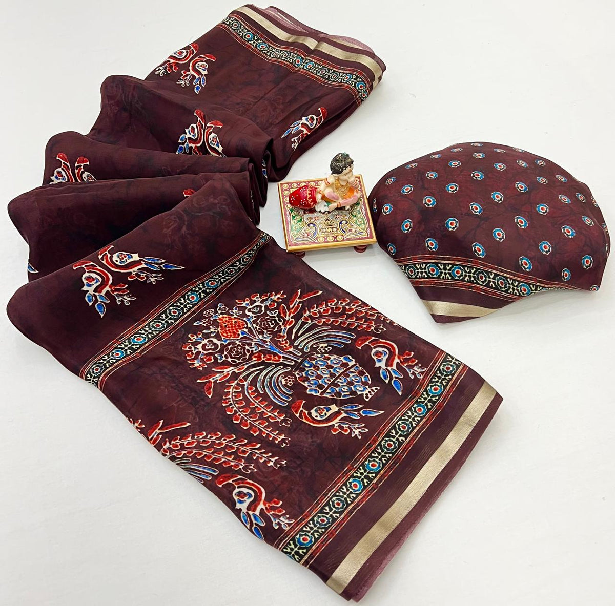 Maroon Digital Print Uppada Silk Saree With Woven Blouse for Women