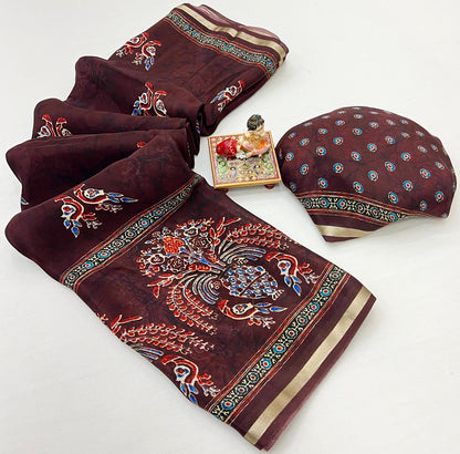 Maroon Digital Print Uppada Silk Saree With Woven Blouse for Women