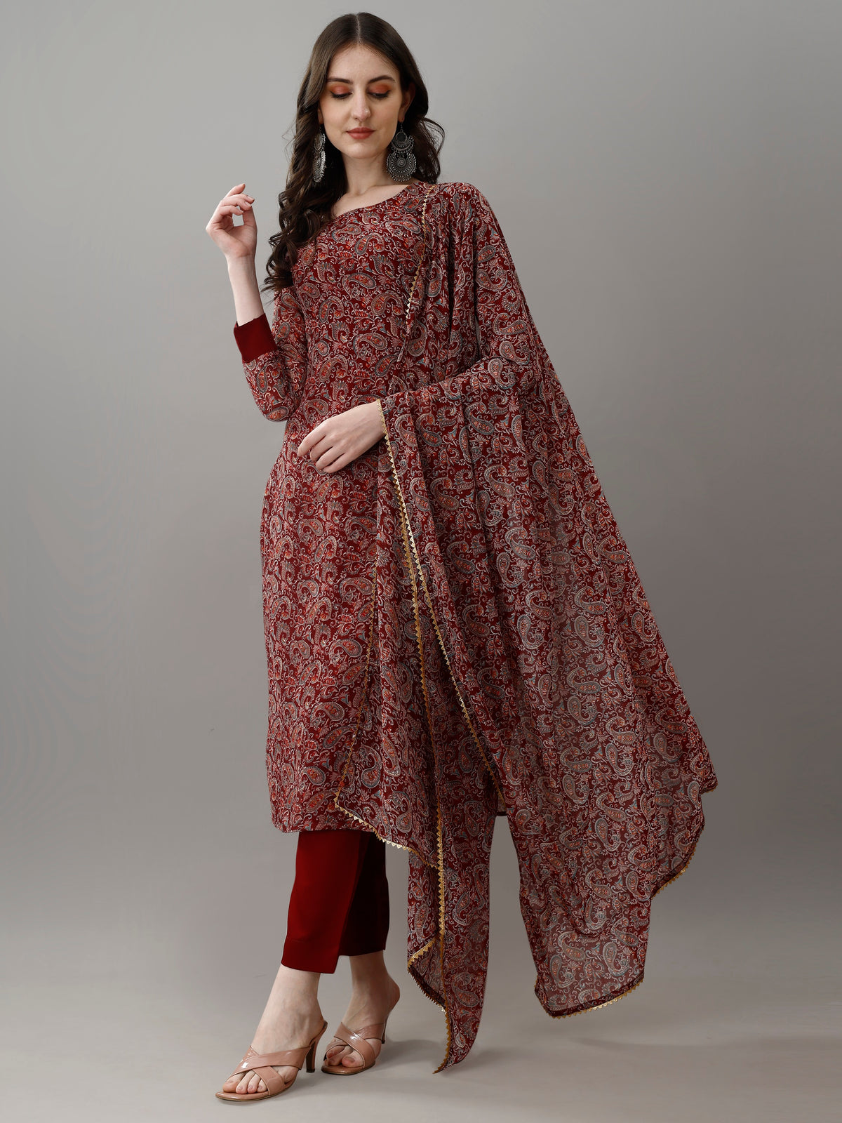 Maroon Printed Georgette Kurta Set with Dupatta Women for Women