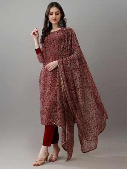 Maroon Printed Georgette Kurta Set with Dupatta Women for Women